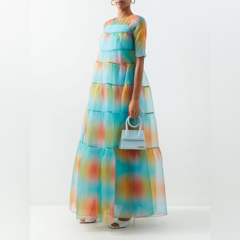 STAUD Hyacinth Tiered Rainbow Dress maxi crepe‎ organza sheer Multi Aura XS - Picture 2 of 7